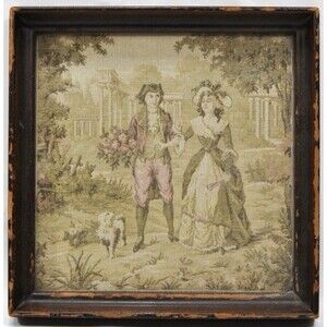 Baroque Rococo Courting Couple Pastoral Tapestry Swatch 10.75” France Framed NY